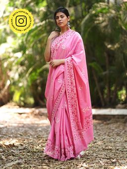 Chidiyaa - Dreamy Dahlias Blush Pink Block Printed Saree