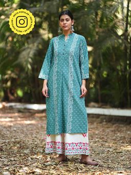 Chidiyaa - Bliss Of Baby's Breath Teal Green Block Printed Kurta