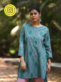 Chidiyaa - Tenderness Of Tulips Teal Green Block Printed Kurti