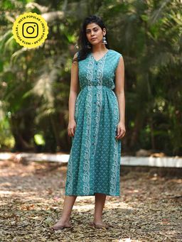 Chidiyaa - Petunias Perfume Teal Green Block Printed Cotton Dress