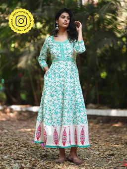 Chidiyaa - Chamomile's Calm White and Green Floral Printed Cotton Dress