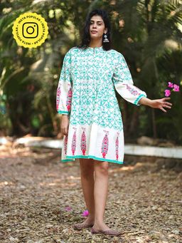 Chidiyaa - Petunia’S Poise White and Green Floral Printed Cotton Dress