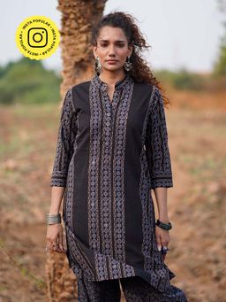Chidiyaa - Black Gentle Flutter Block Printed Cotton Kurta