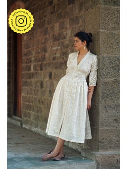 Chidiyaa - Safed Dried Magnolia Ivory Block Printed Dress