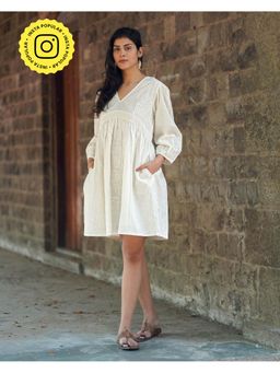 Chidiyaa - Safed Mist On Marble White Block Printed Dress