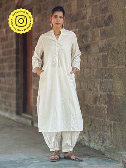 Chidiyaa - Safed Chapel Veil Ivory Block Printed Kurta