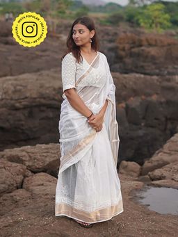 Chidiyaa - Safed Cloudberry Kota Doria White Block Printed Saree