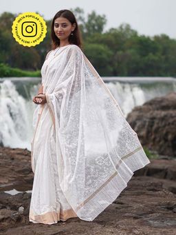 Chidiyaa - Safed Dewbone Kota Doria White Block Printed Saree
