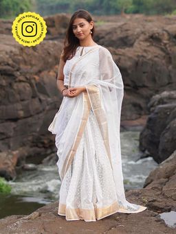 Chidiyaa - Safed Seafoam Cream Kota Doria White Block Printed Saree