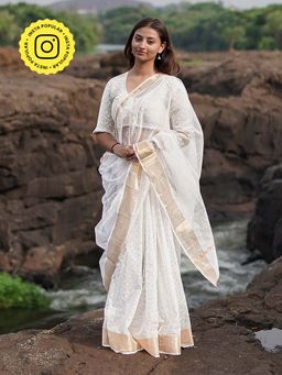 Chidiyaa - Safed Birch Moon Kota Doria White Block Printed Saree