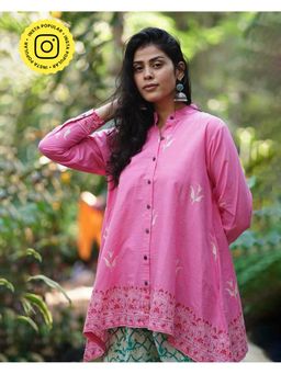 Chidiyaa - Womens Printed Asymmetrical Pink Shirt