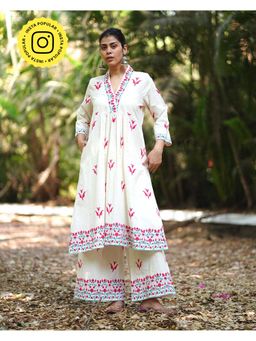 Chidiyaa - Womens Printed A-Line Cream Co-Ord (Set of 2)
