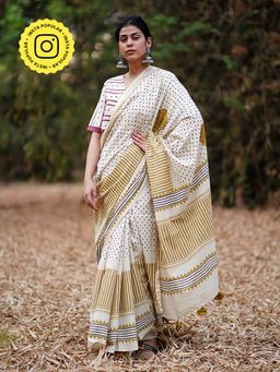 Chidiyaa - Whistling Woods Surmayi Shaam White Hand Block Printed Saree