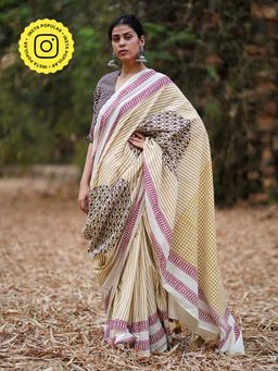 Chidiyaa - Whistling Lehraata Sa White Hand Block Printed Cotton Saree