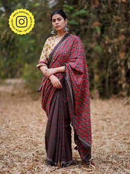 Chidiyaa - Whistling Brown Block Printed Cotton Saree