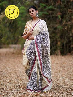 Chidiyaa - Whistling Badal Pe Paon White Block Printed Cotton Saree