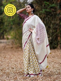 Chidiyaa - Whistling Woods Dil-Navaaz White Block Printed Cotton Saree