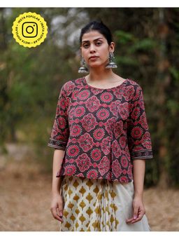 Chidiyaa - Whistling Woods Saanjh Dhale Black Block Printed Cotton Top
