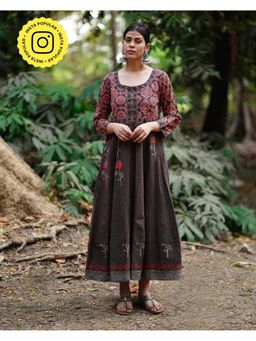 Chidiyaa - Whistling Woods Chandni Si Tu Brown Block Printed Cotton Dress
