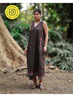 Chidiyaa - Whistling Woods Suhani Brown Block Printed Cotton Dress