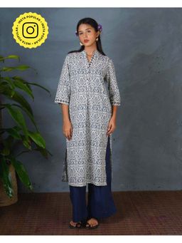 Chidiyaa - Bms Monsoon Sea Grey Block Printed Cotton Kurta