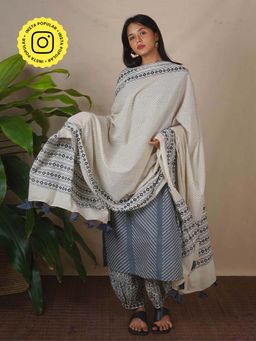 Chidiyaa - Bms Mirror Grey Beige Block Printed Dupatta