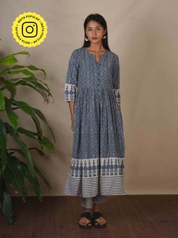 Chidiyaa - Bms Hollow Dusk Grey Block Printed Anarkali Kurta with Pant