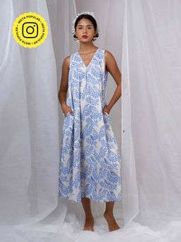 Chidiyaa - Megha White Blue Hand Block Printed Dress