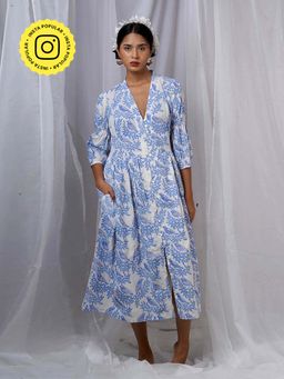 Chidiyaa - Neyra Ivory Blue Hand Block Printed Dress
