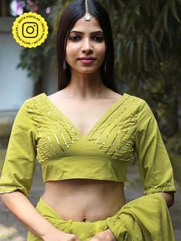 Chidiyaa - Craft Sparkle Pear Green Mulmul Cotton Stitched Blouse - Jugnoo