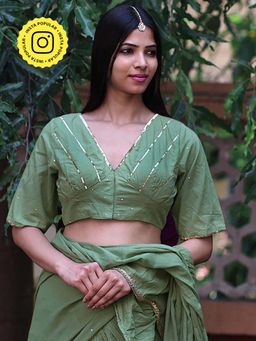 Chidiyaa - Shimmer Moss Green Mulmul Cotton Stitched Blouse - Jugnoo