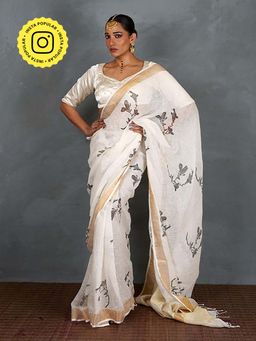 Chidiyaa - Aabroo White Hand Block Linen Saree
