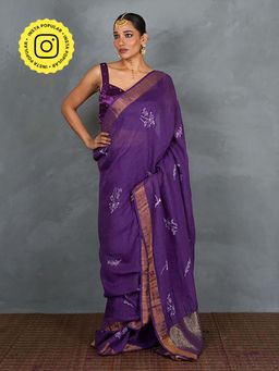 Chidiyaa - Noori Royal Purple Hand Block Linen Saree
