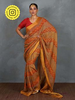 Chidiyaa - Deepika Mustard Hand Block Linen Saree with