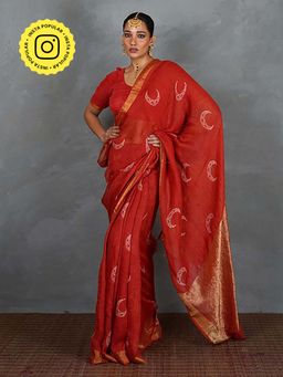 Chidiyaa - Tarani Red Hand Block Linen Saree