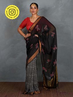 Chidiyaa - Tejasvi Black Hand Block Linen Saree