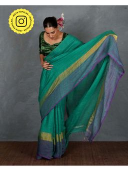 Chidiyaa - Tara Shimmer On Green Handwoven Linen Saree