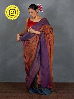 Chidiyaa - Chase Light Violet and Rust Handwoven Linen Saree