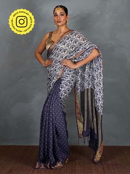 Chidiyaa - Prabha Blue with White Handblock Linen Saree