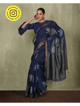 Chidiyaa - Rasiya Blue Hand Block Print Linen Saree