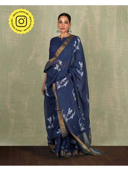 Chidiyaa - Purva Blue Hand Block Print Linen Saree