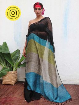Chidiyaa - Kaali Virupakshi Black Handwoven Linen Saree