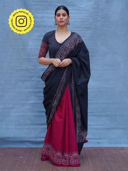 Chidiyaa - Black Pure Cotton Block Print Saree Without Blouse