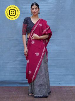 Chidiyaa - Maroon Pure Cotton Block Print Saree Without Blouse