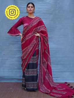 Chidiyaa - Maroon Pure Cotton Block Print Saree Without Blouse