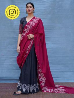 Chidiyaa - Maroon Pure Cotton Block Print Saree Without Blouse
