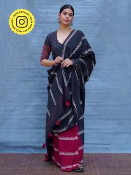 Chidiyaa - Black Pure Cotton Block Print Saree Without Blouse