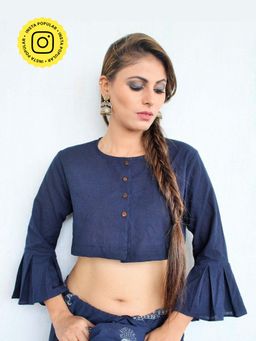 Chidiyaa - Navy Blue Cotton Crop Top Blouse with Bell Sleeves