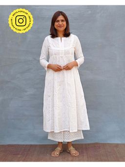 Chidiyaa - Wave Handblock Print Cotton White Kurta