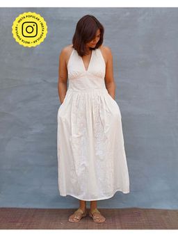 Chidiyaa - Cloudfall Handblock Print Cotton White Maxi Dress